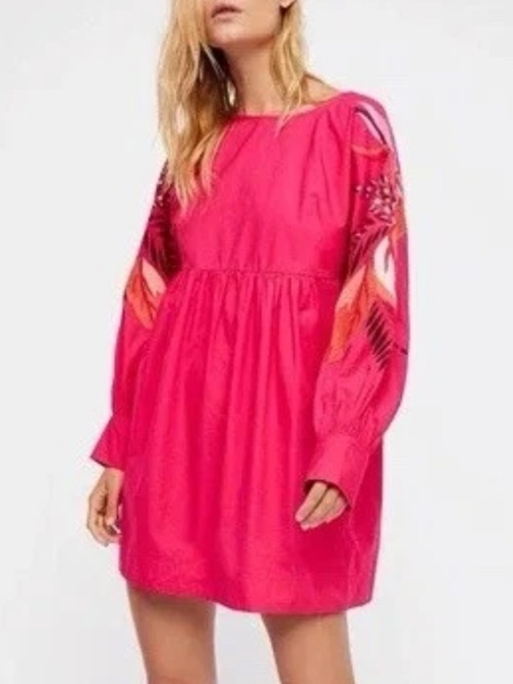 Free People Hot Pink Embroidered Sleeve Mini Dress
